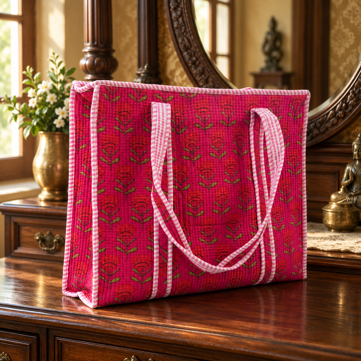 Pink Floral Quilted Tote Bag with Striped Handles