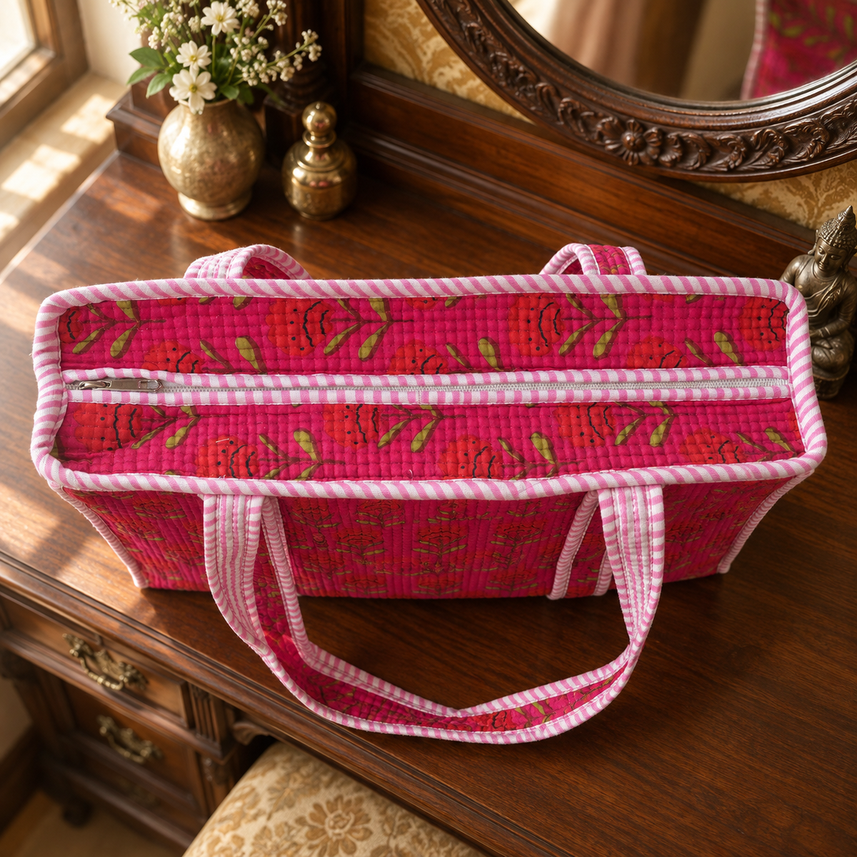 Pink Floral Quilted Tote Bag with Striped Handles