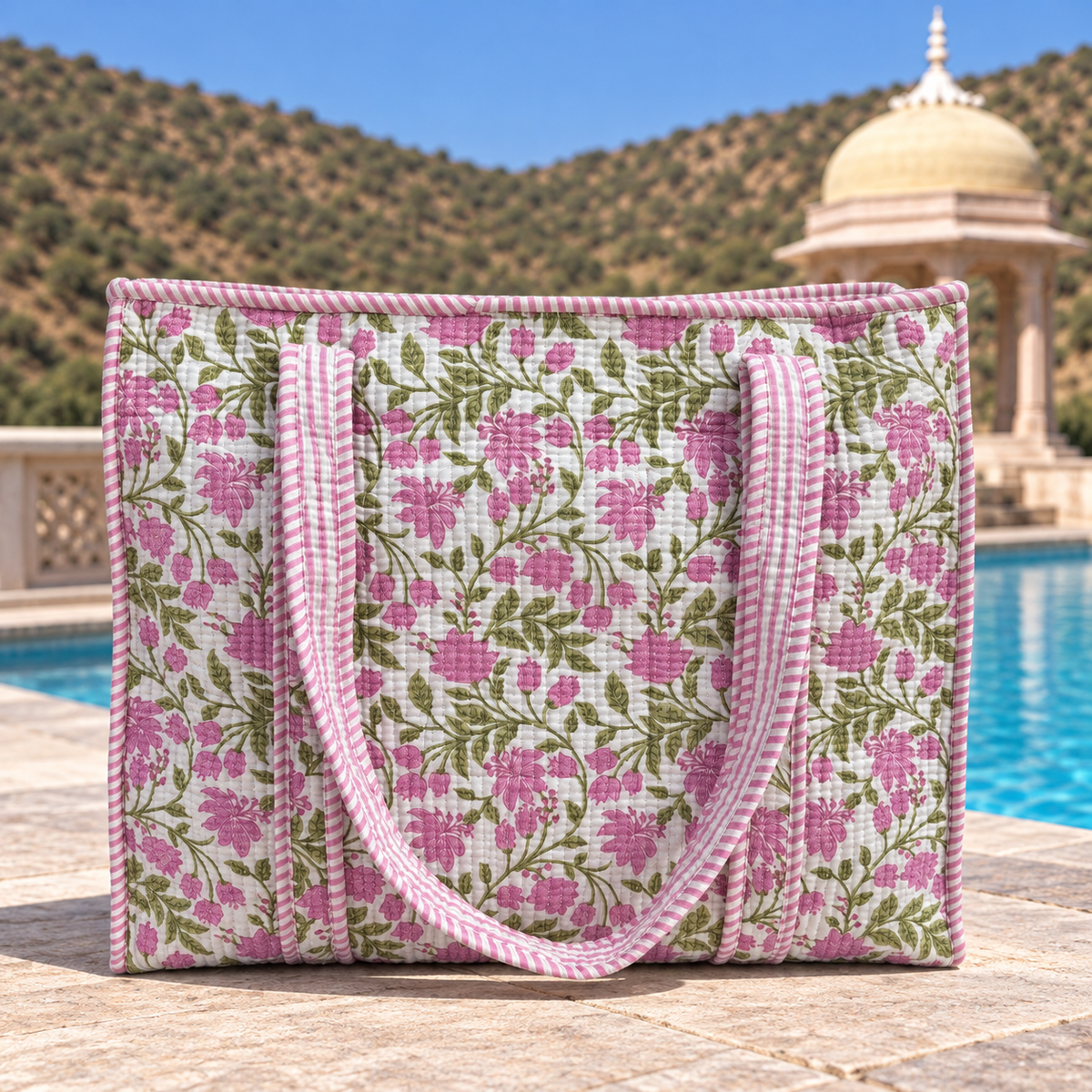 Pink and Green Floral Quilted Tote Bag