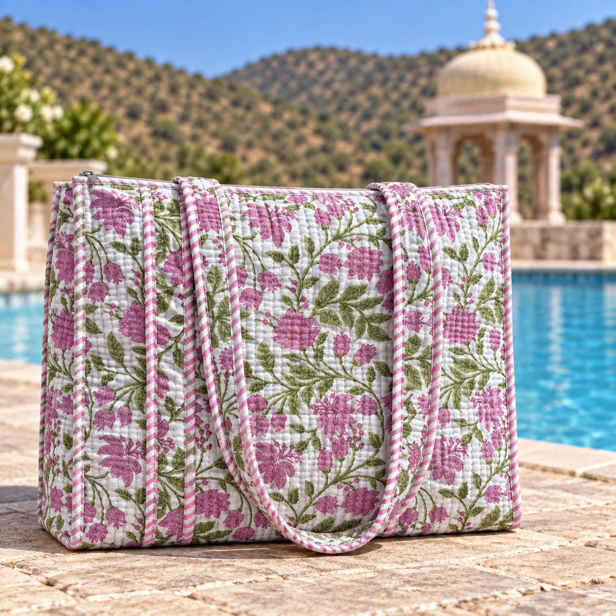 Pink and Green Floral Quilted Tote Bag