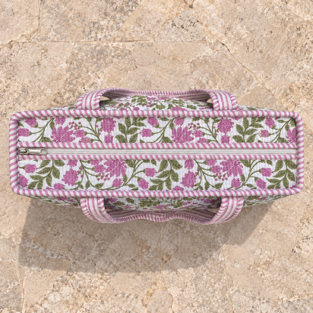 Pink and Green Floral Quilted Tote Bag