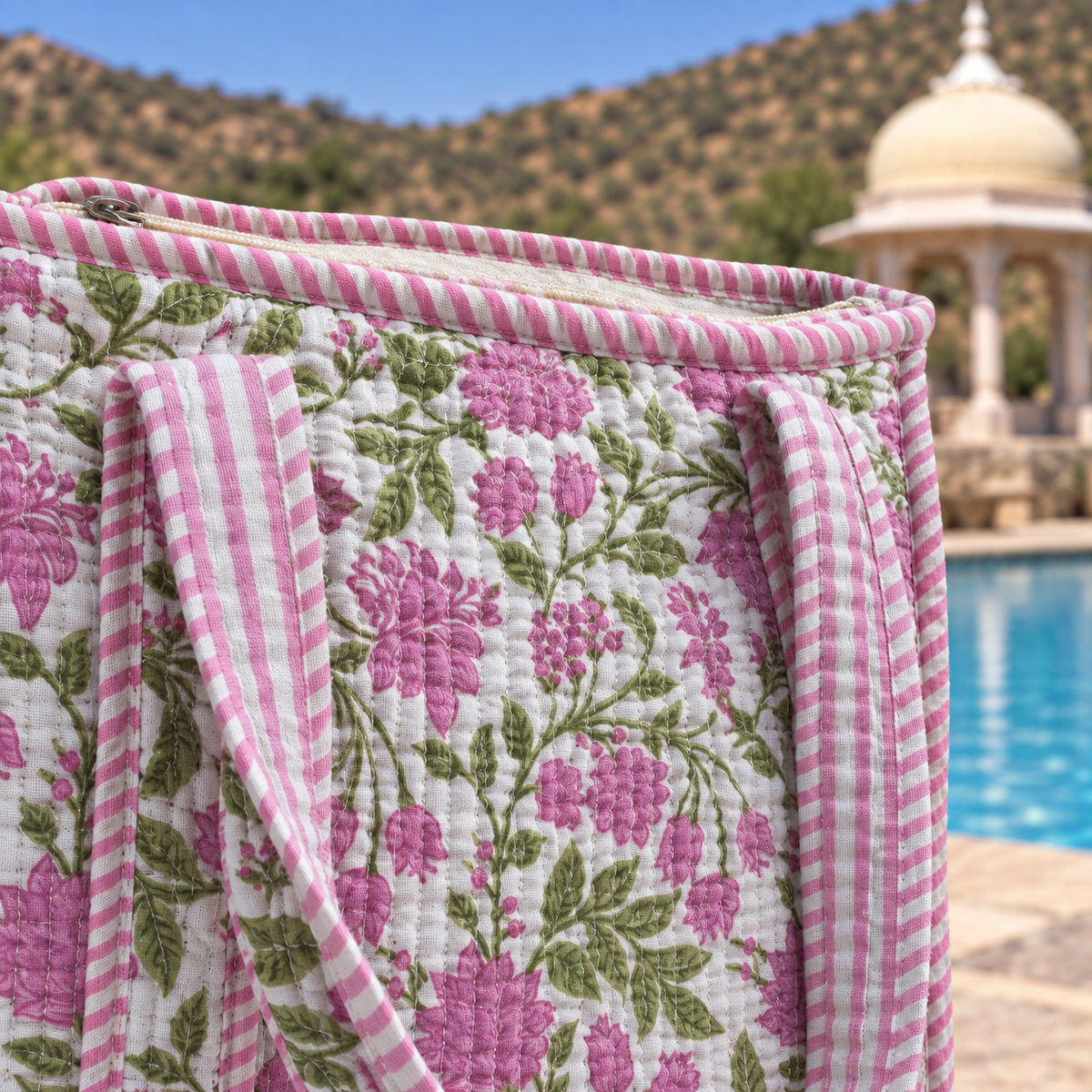 Pink and Green Floral Quilted Tote Bag