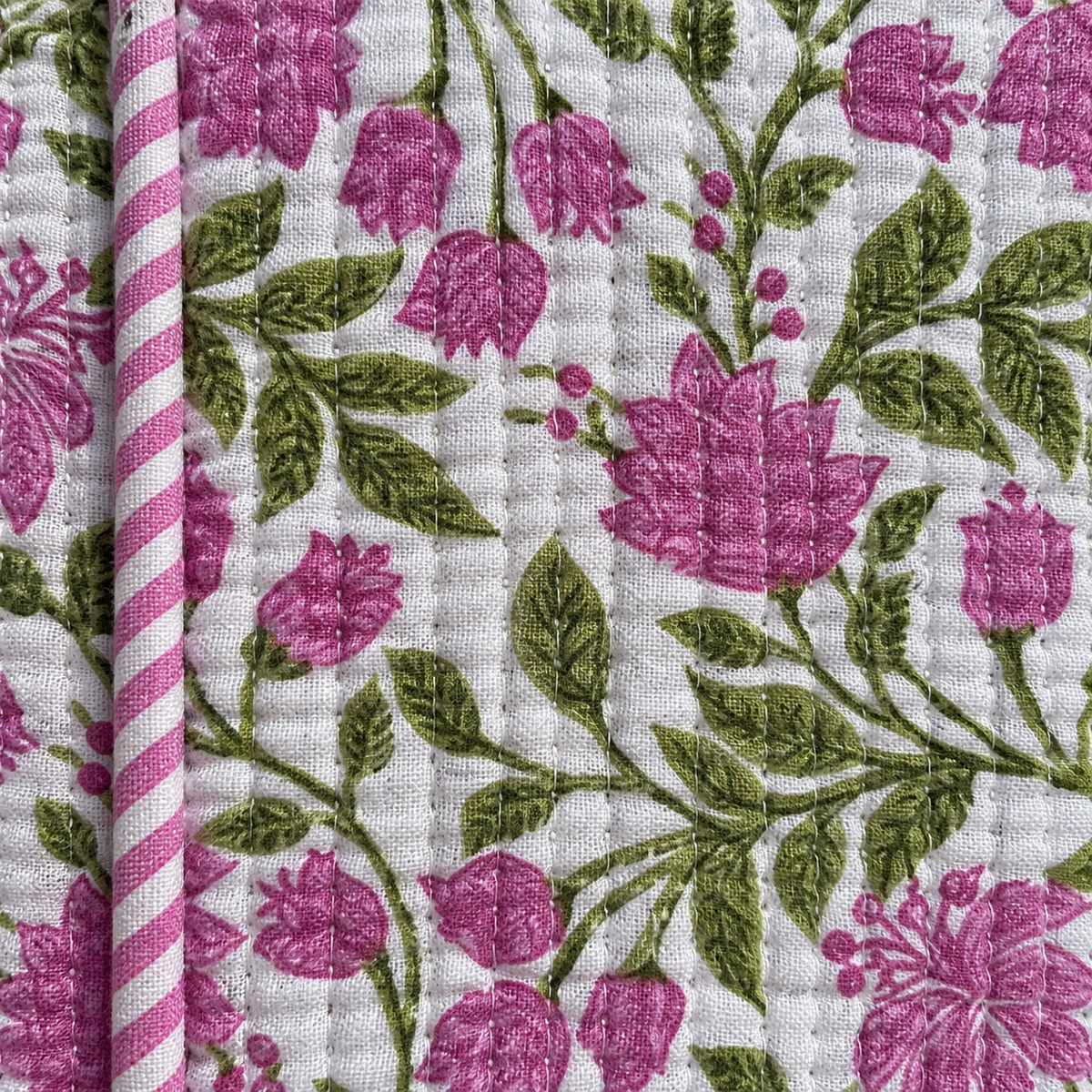 Pink and Green Floral Quilted Tote Bag