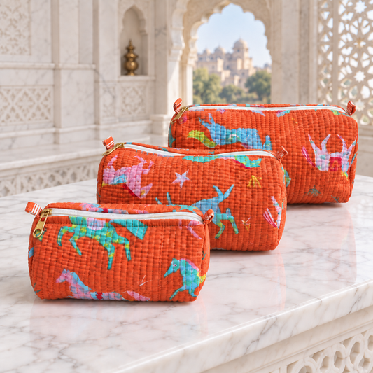 Set of Three Orange Hand-block Printed Travel-Toiletry Bags