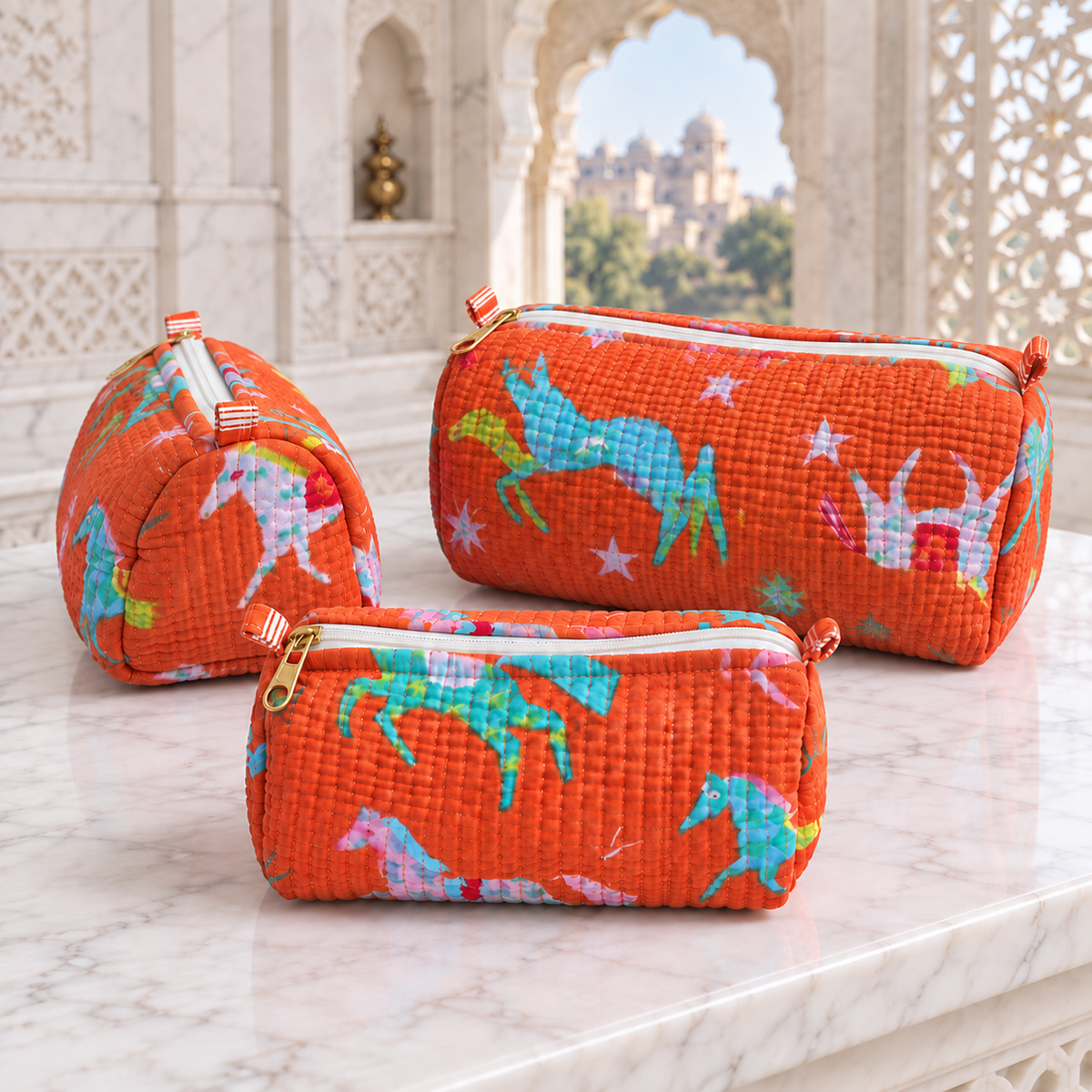 Set of Three Orange Hand-block Printed Travel-Toiletry Bags