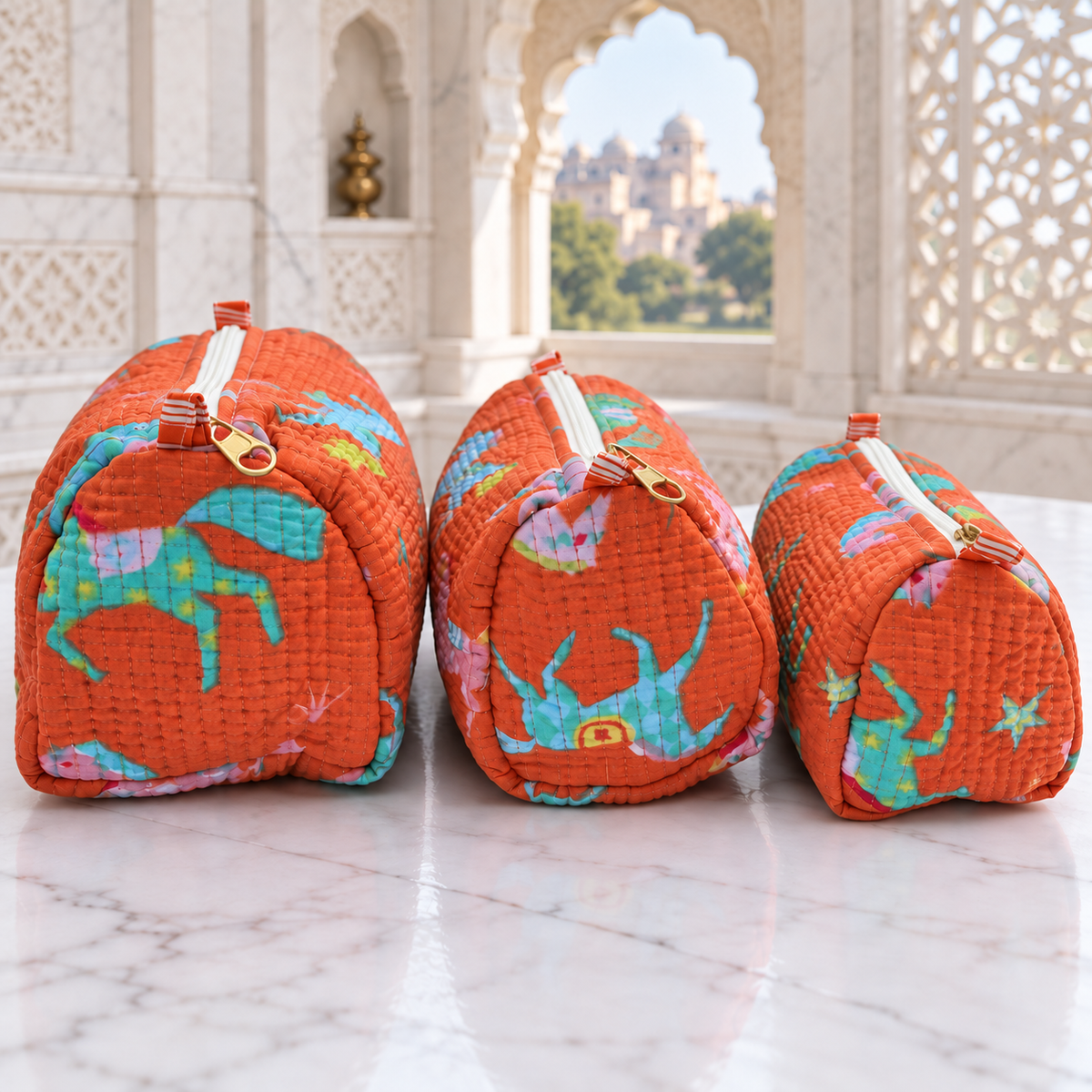 Set of Three Orange Hand-block Printed Travel-Toiletry Bags
