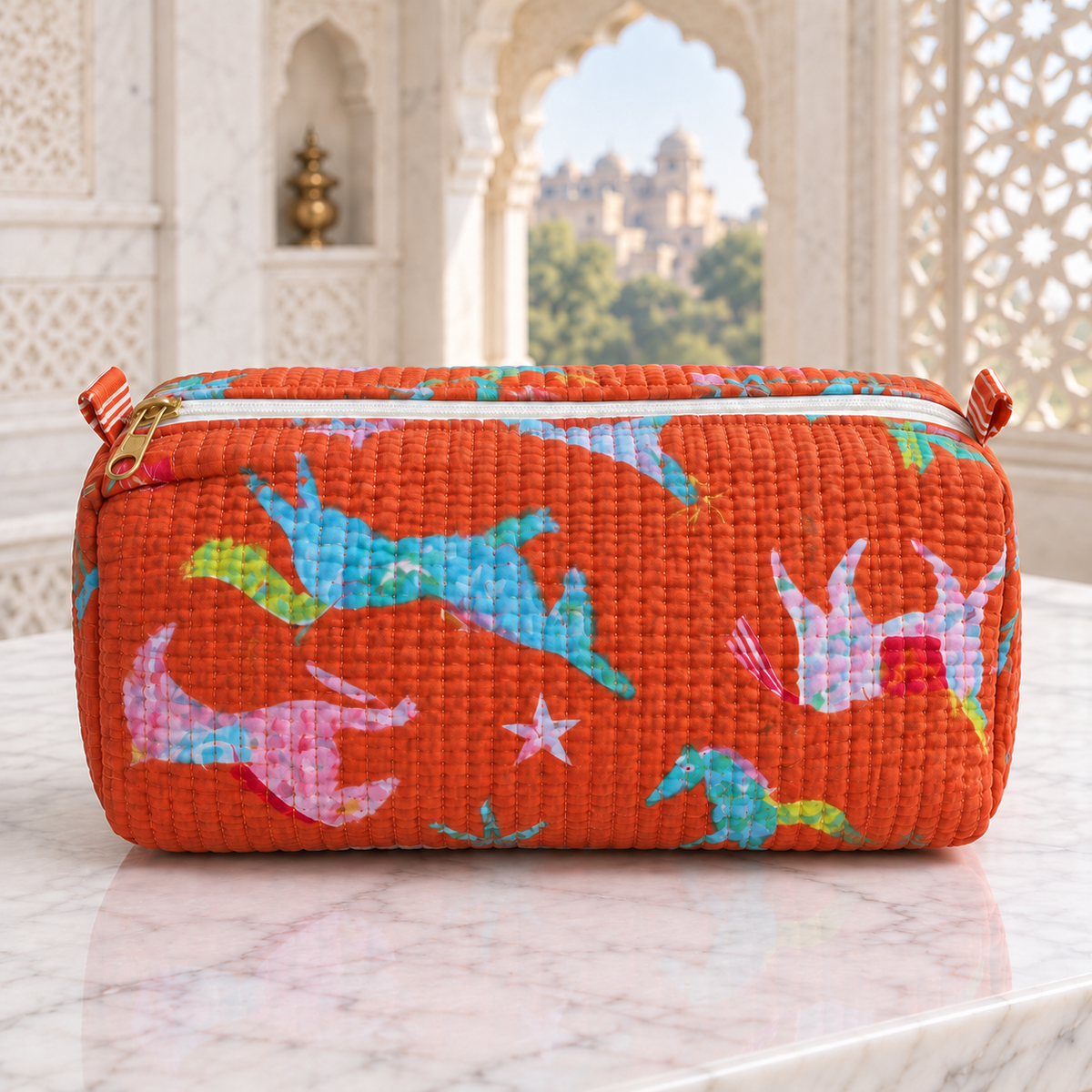 Set of Three Orange Hand-block Printed Travel-Toiletry Bags