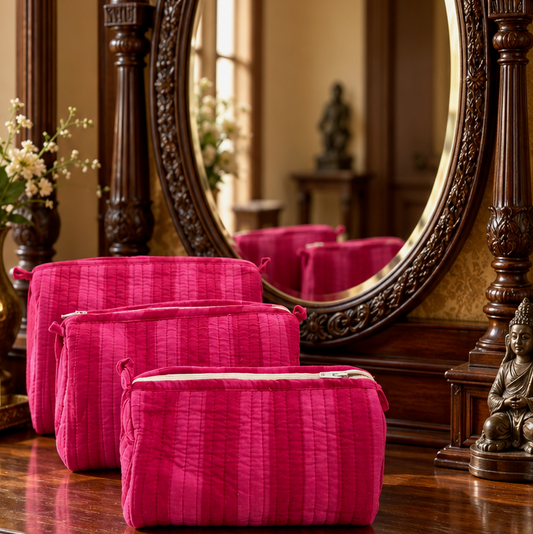 Set of Three Pink Hand-block Printed Travel-Toiletry Bags
