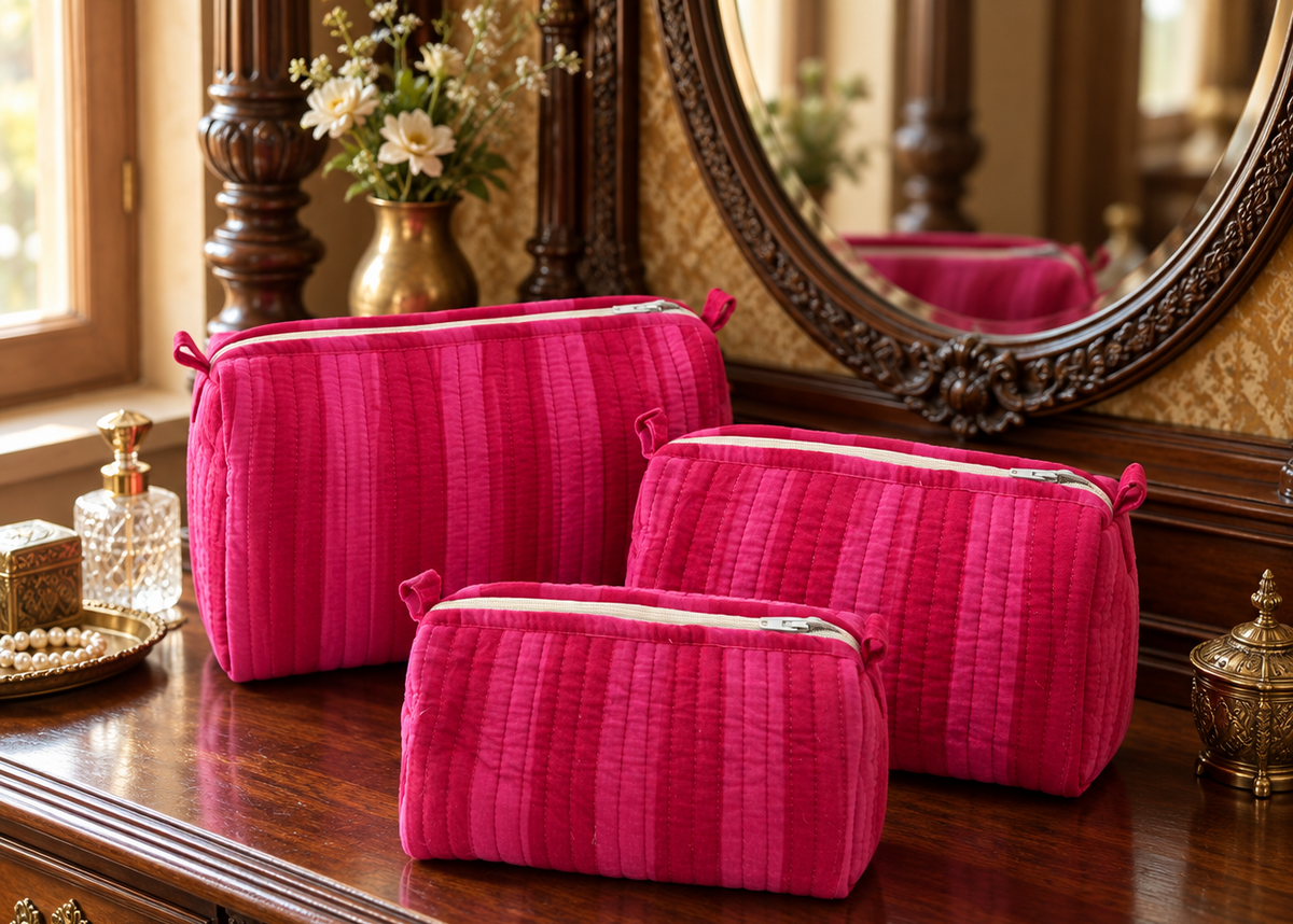 Set of Three Pink Hand-block Printed Travel-Toiletry Bags