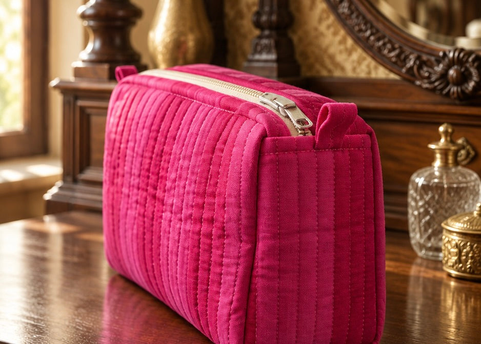 Set of Three Pink Hand-block Printed Travel-Toiletry Bags