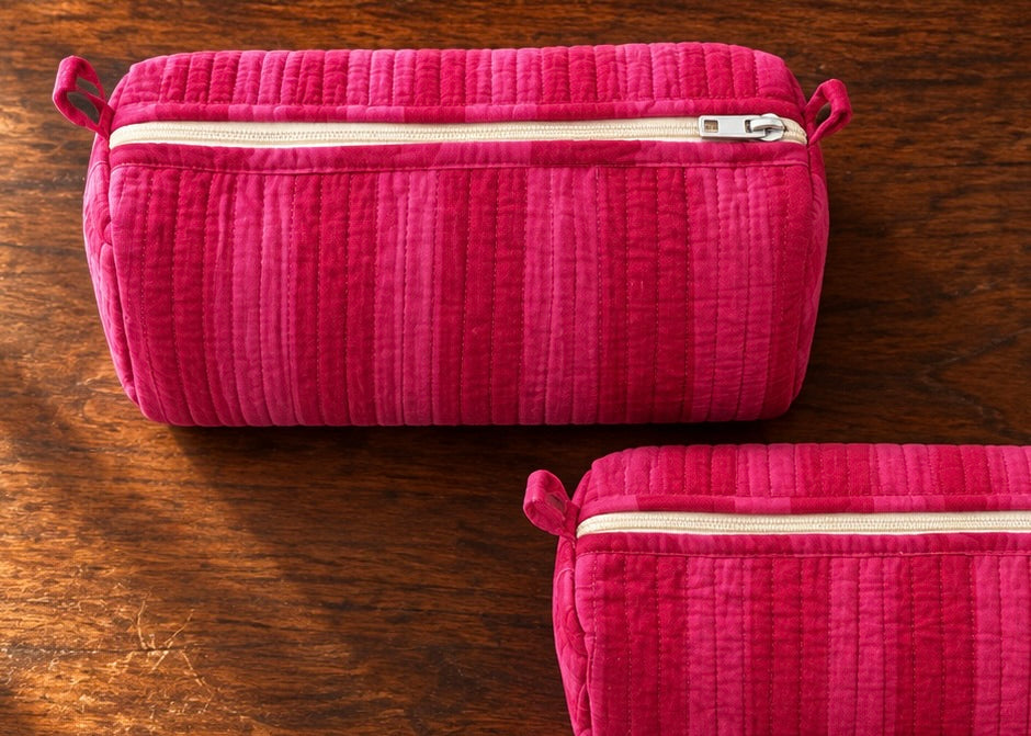 Set of Three Pink Hand-block Printed Travel-Toiletry Bags