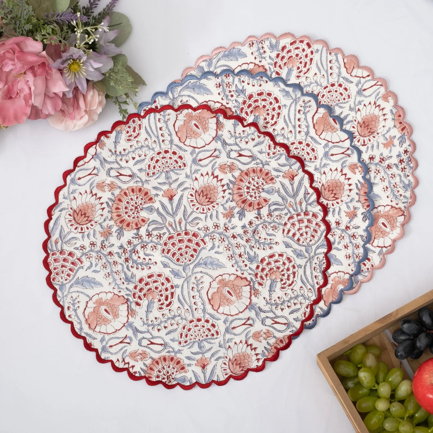 Set of 4 I Red & Blue Round Scalloped Edge Embroidered Placemat I Table
