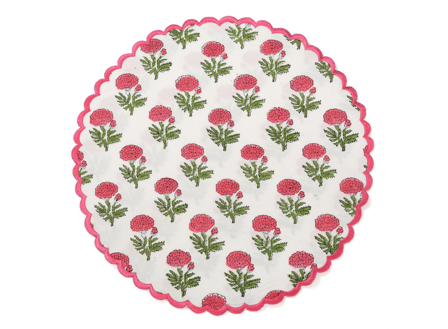 Set of 4 I Pink Floral Round Scalloped Edge Embroidered Placemat I Table Mats I Cotton Placemat I Table Linen I Tablecloth - DharBazaar