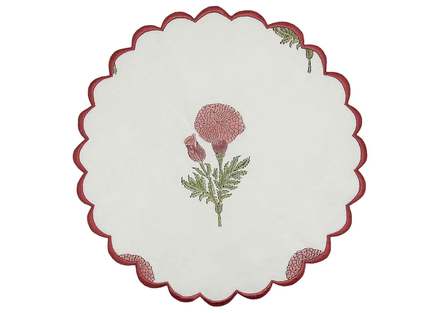Pink and Green Floral Round Scalloped Edge Embroidered Placemat I Table Mats I Cotton Placemat I Table Linen I Tablecloth - DharBazaar