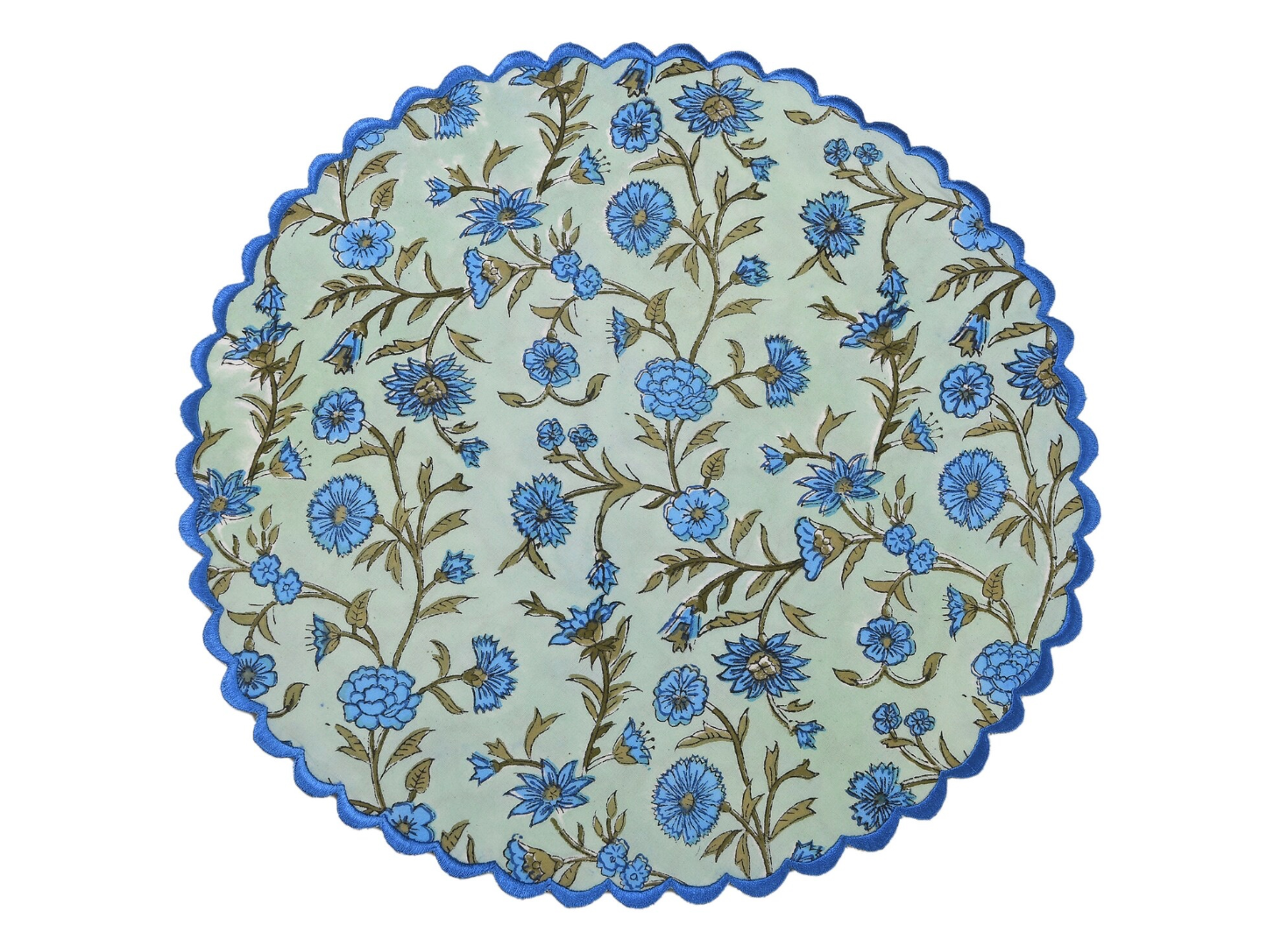 Set of 4 I Blue Floral on Green Round Scalloped Edge Embroidered Placemat I Table Mats I Cotton Placemat I Table Linen I Tablecloth - DharBazaar