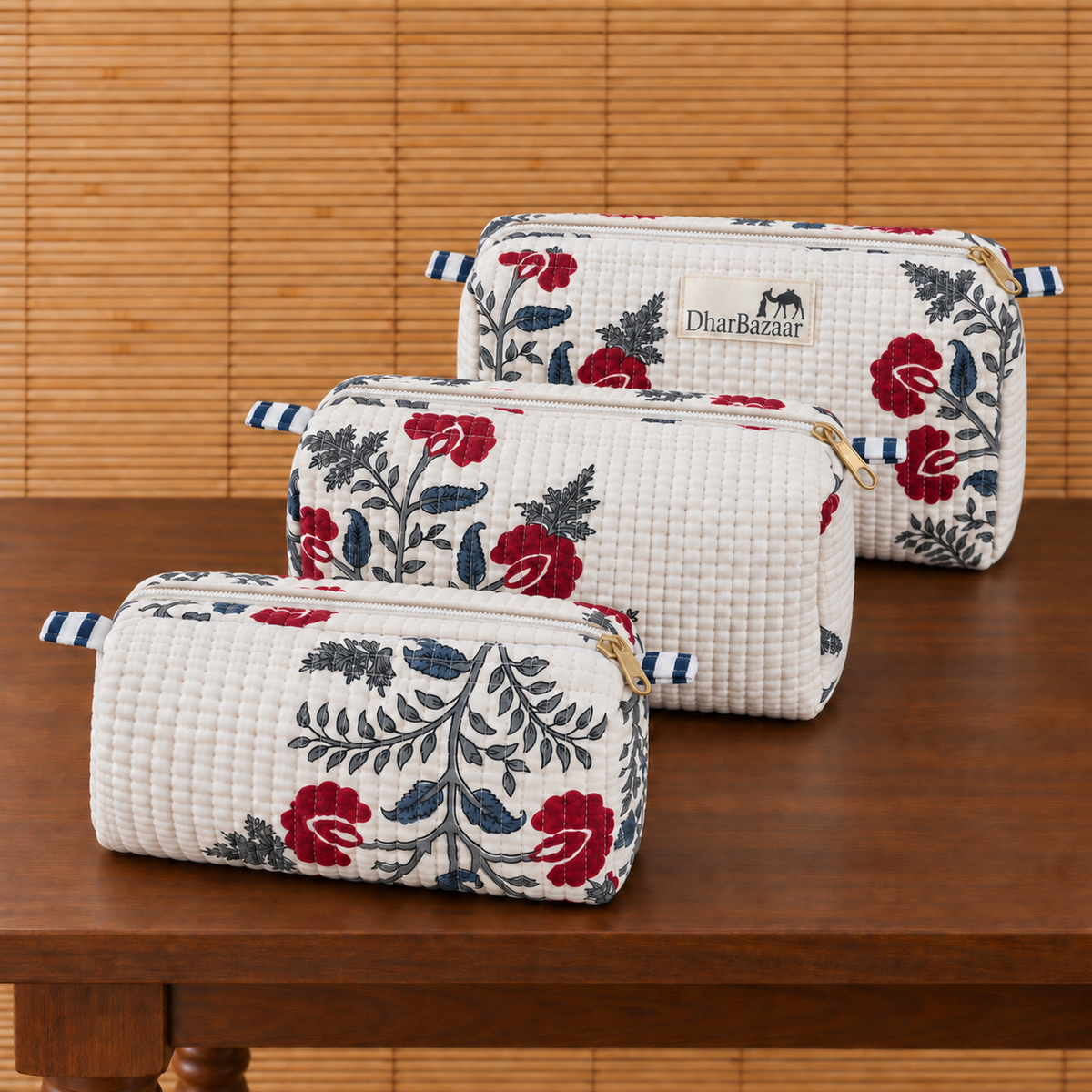 Set of Three White and Red Hand-block Printed Travel Bags