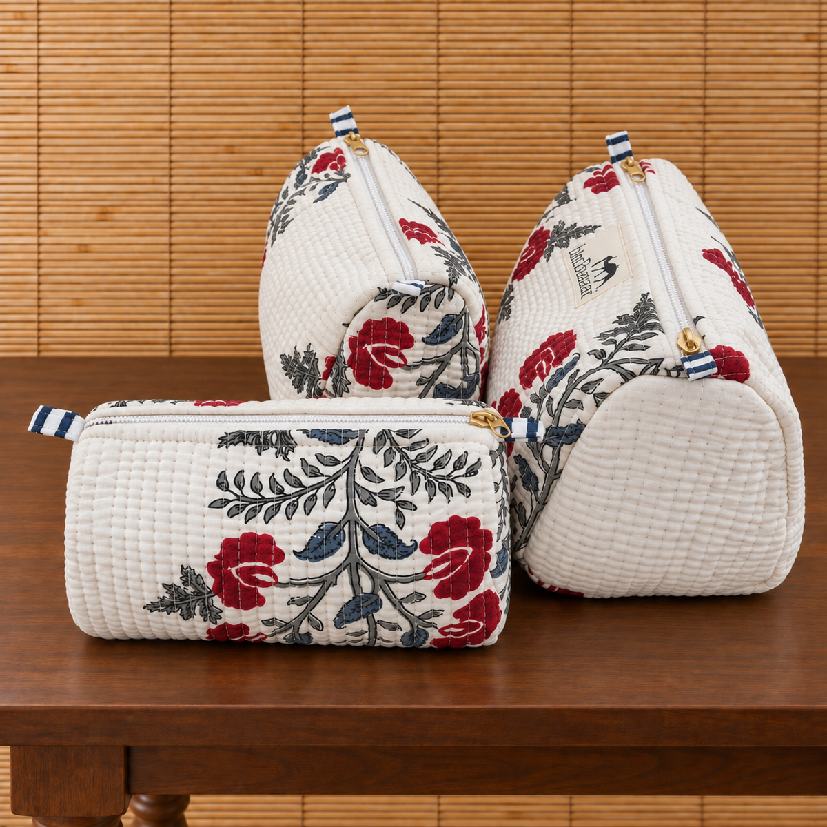 Set of Three White and Red Hand-block Printed Travel Bags