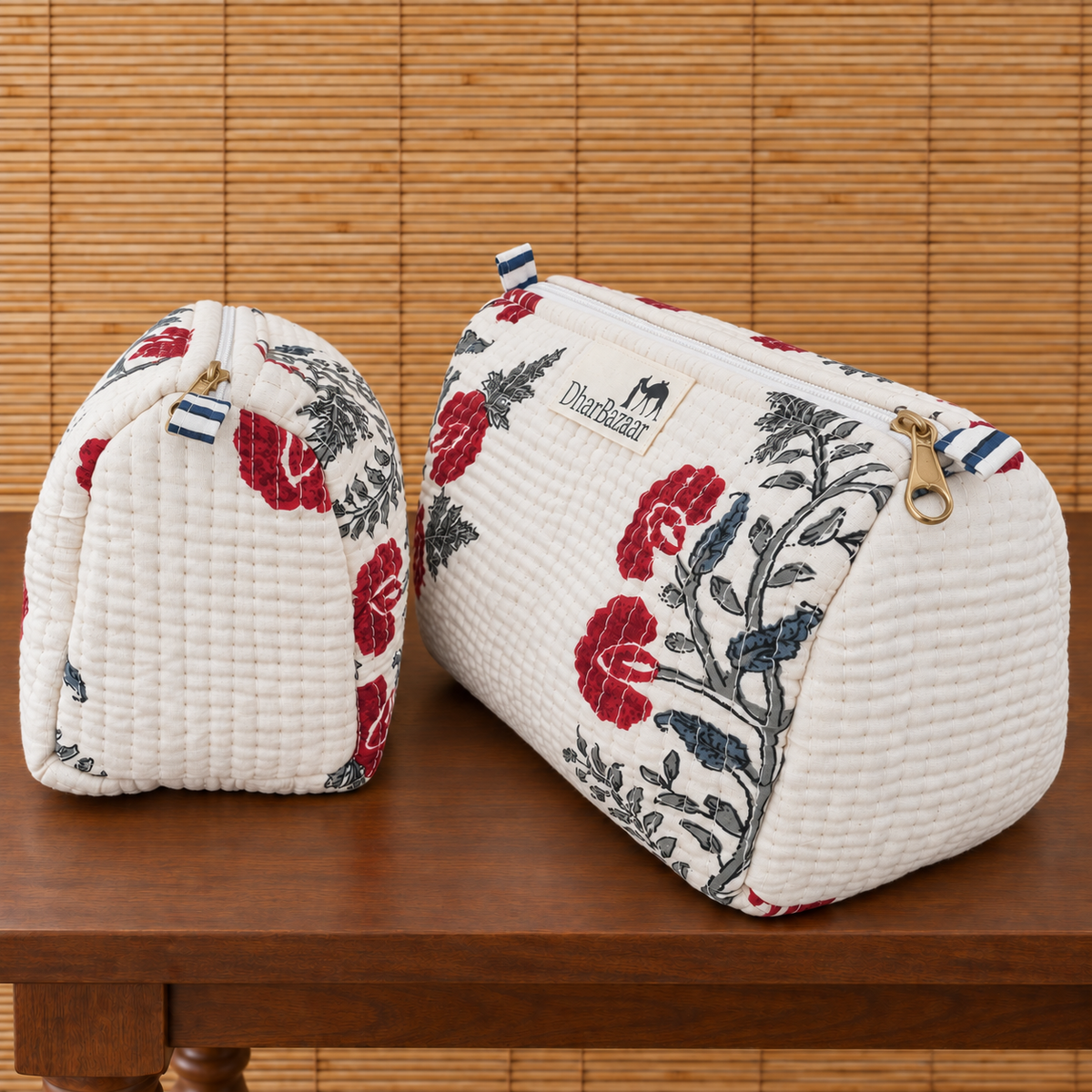 Set of Three White and Red Hand-block Printed Travel Bags
