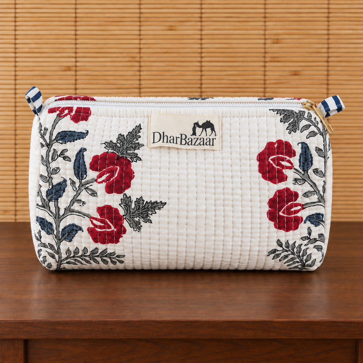 Set of Three White and Red Hand-block Printed Travel Bags