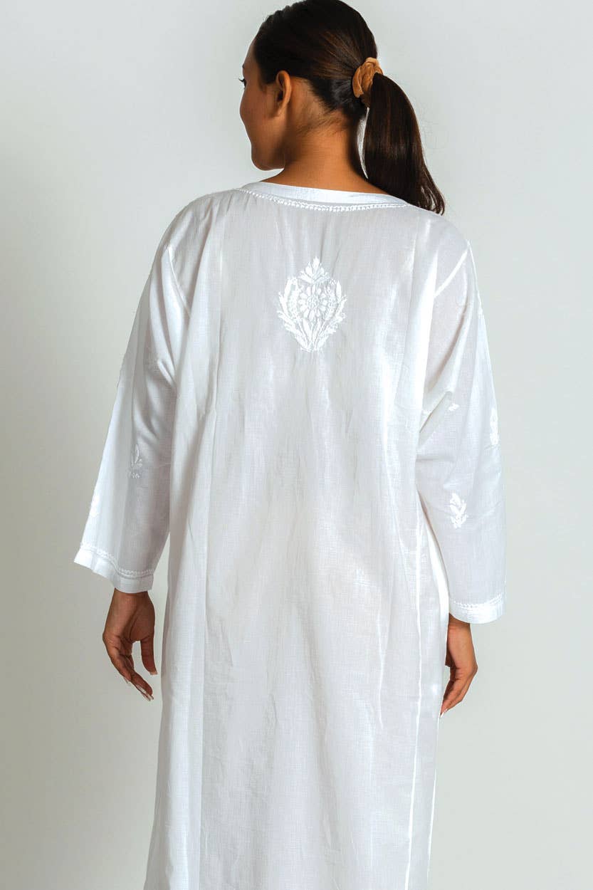 Cotton Caftan in White Featuring White Hand-embroidery - DharBazaar