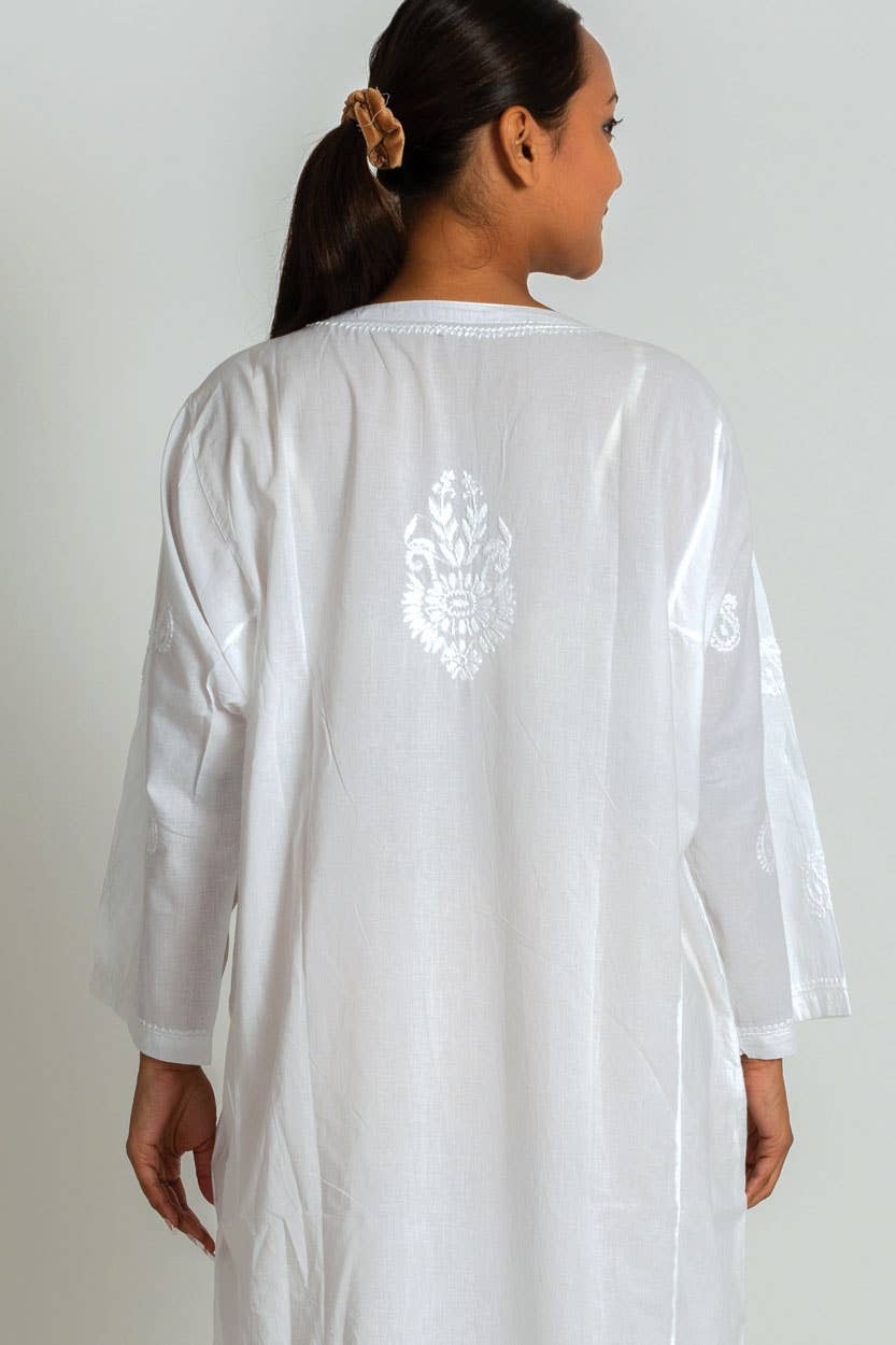 White Cotton Caftan with White Embroidery - DharBazaar