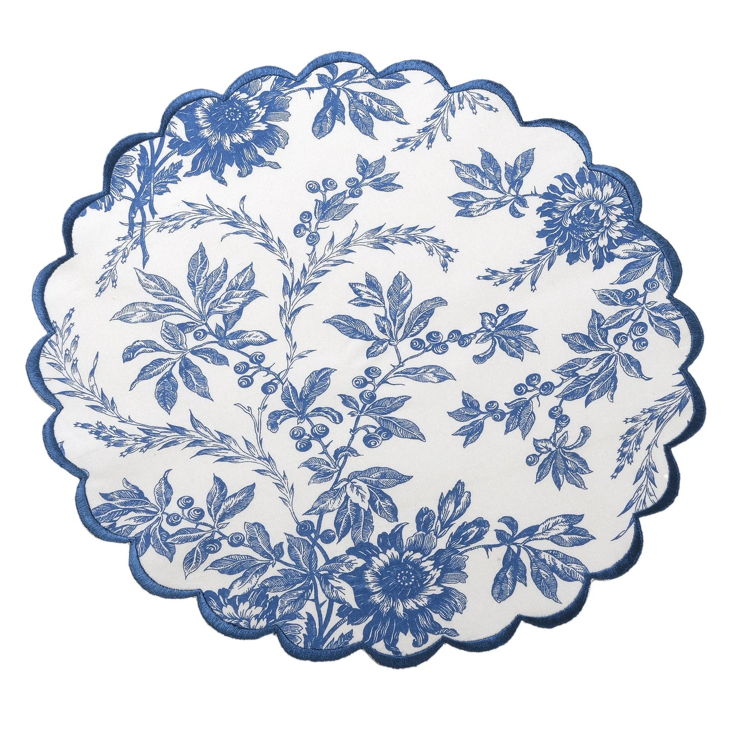 Set of 4 I Blue Chinoiserie Round Scalloped Edge Embroidered Placemat I Table Mats I Cotton Placemat I Table Linen I Tablecloth - DharBazaar