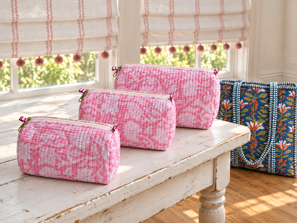 Set of Three Pink & White Floral Quilted Toiletry Bags