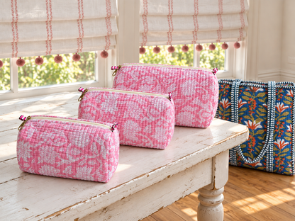 Set of Three Pink & White Floral Quilted Toiletry Bags