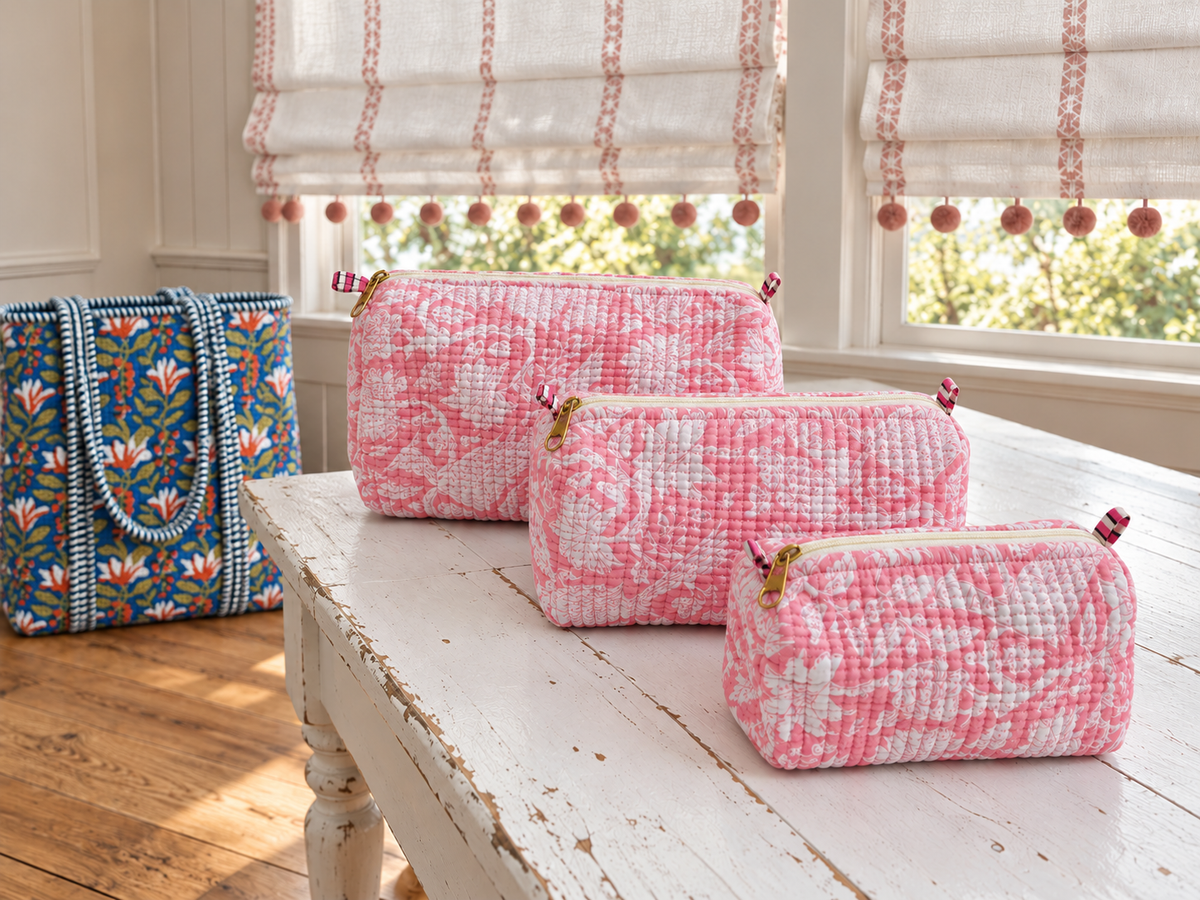 Set of Three Pink & White Floral Quilted Toiletry Bags