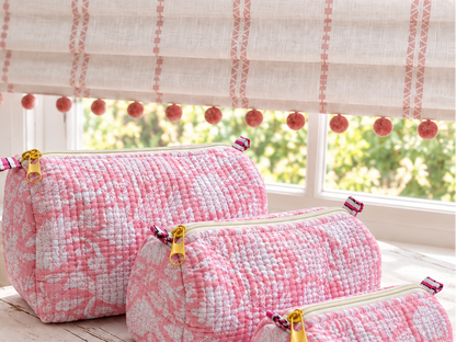 Set of Three Pink & White Floral Quilted Toiletry Bags