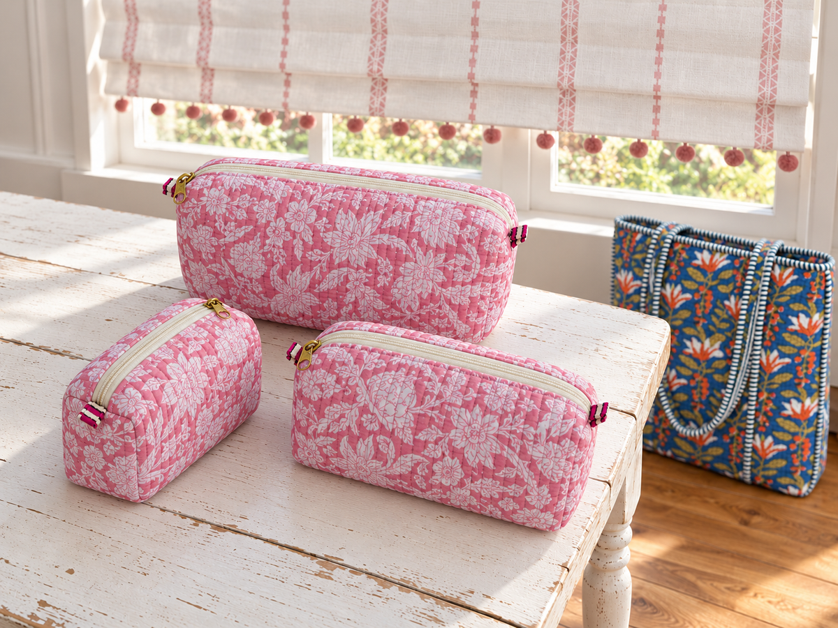 Set of Three Pink & White Floral Quilted Toiletry Bags