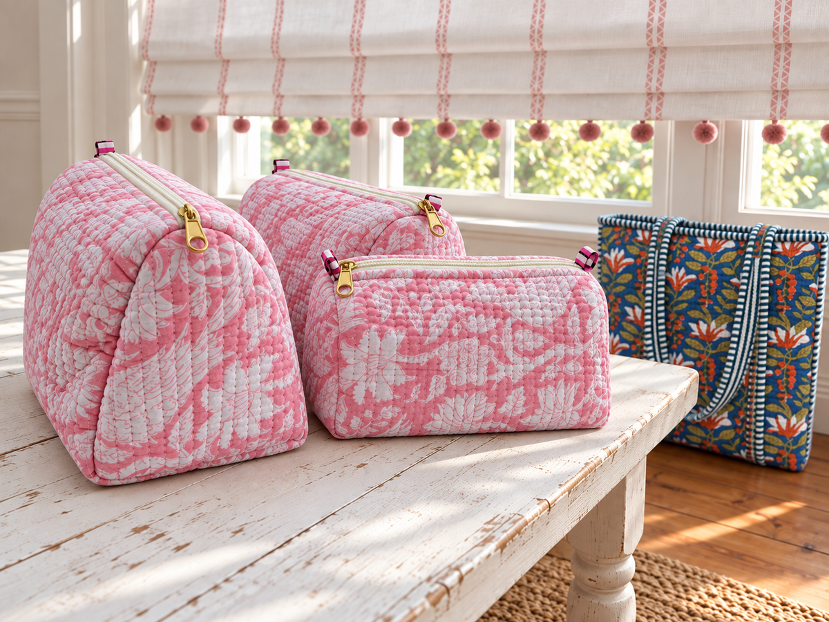 Set of Three Pink & White Floral Quilted Toiletry Bags
