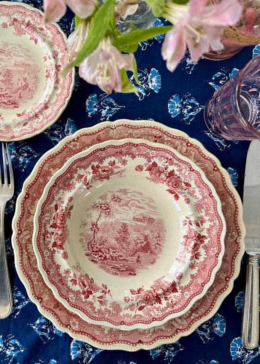 Set of 8 antique red and white transferware soup bowls made by William Ridgway in 1830's - DharBazaar