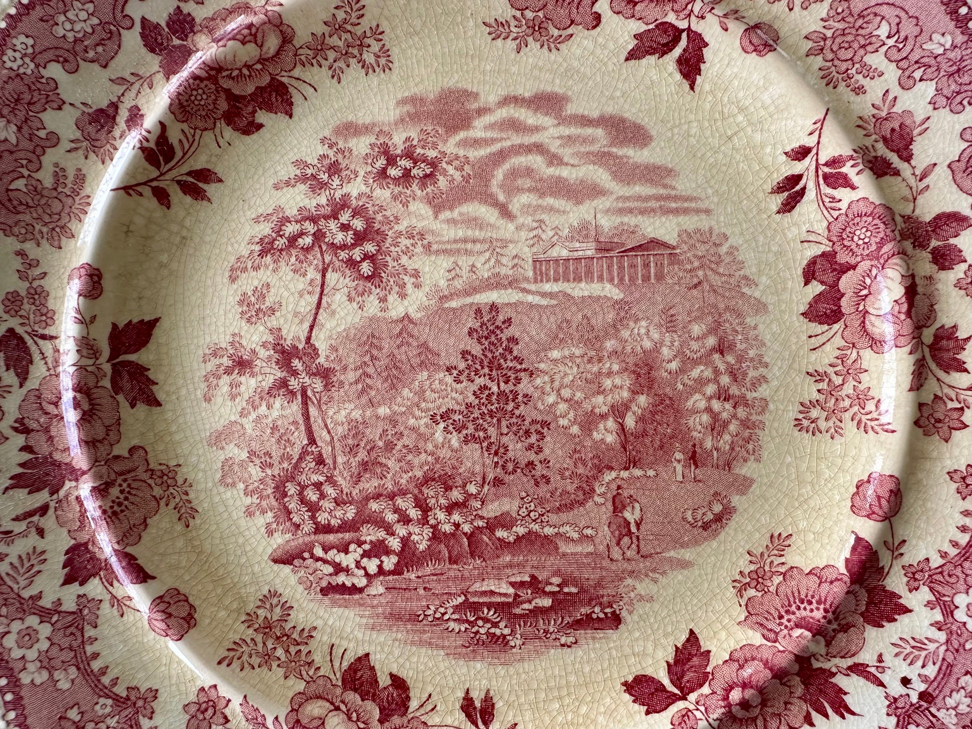 Set of 5 antique red and white transferware dinner plates made by William Ridgway in 1830's - DharBazaar