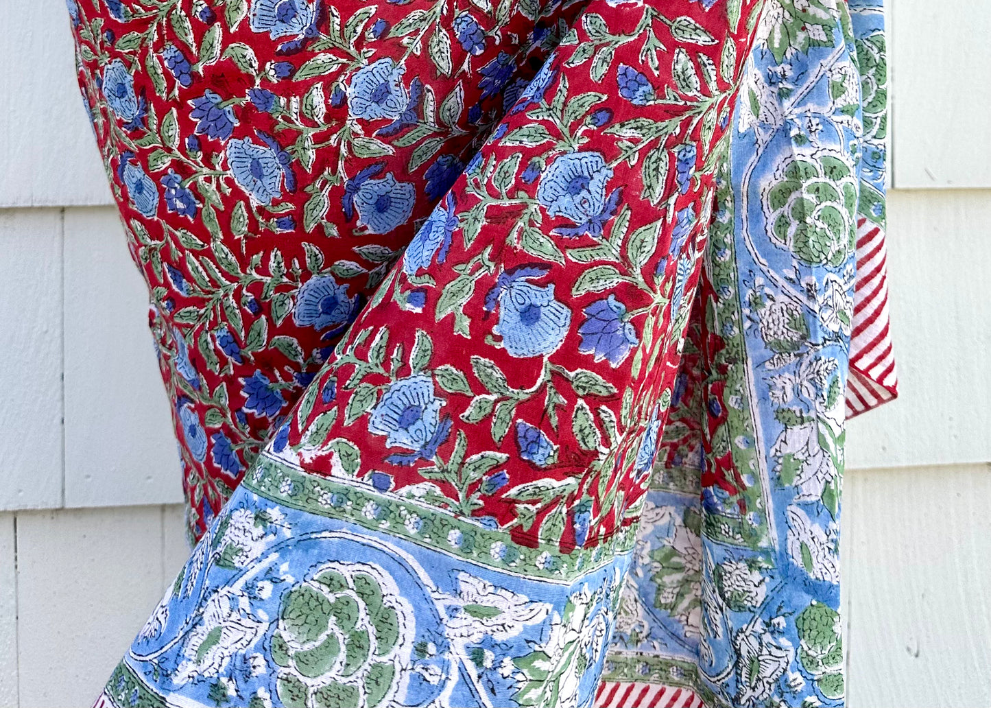 Blue and Red Block Print Cotton Sarong, Cotton Summer Scarf, Beachwear, Swimsuit Coverup, Bachelorette Gift - DharBazaar
