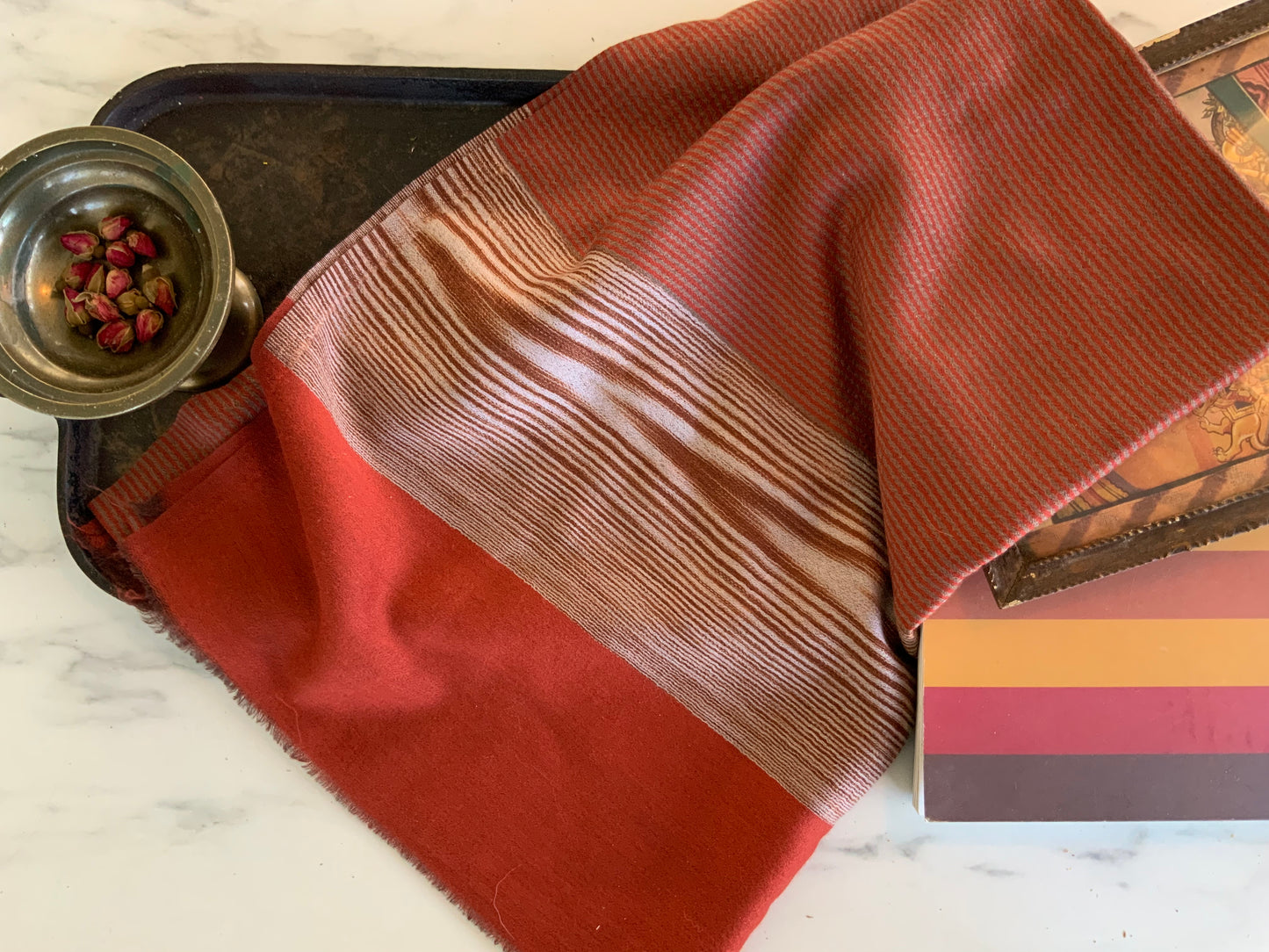 Kashmiri Shawl with Red Stripes and Red Border - DharBazaar