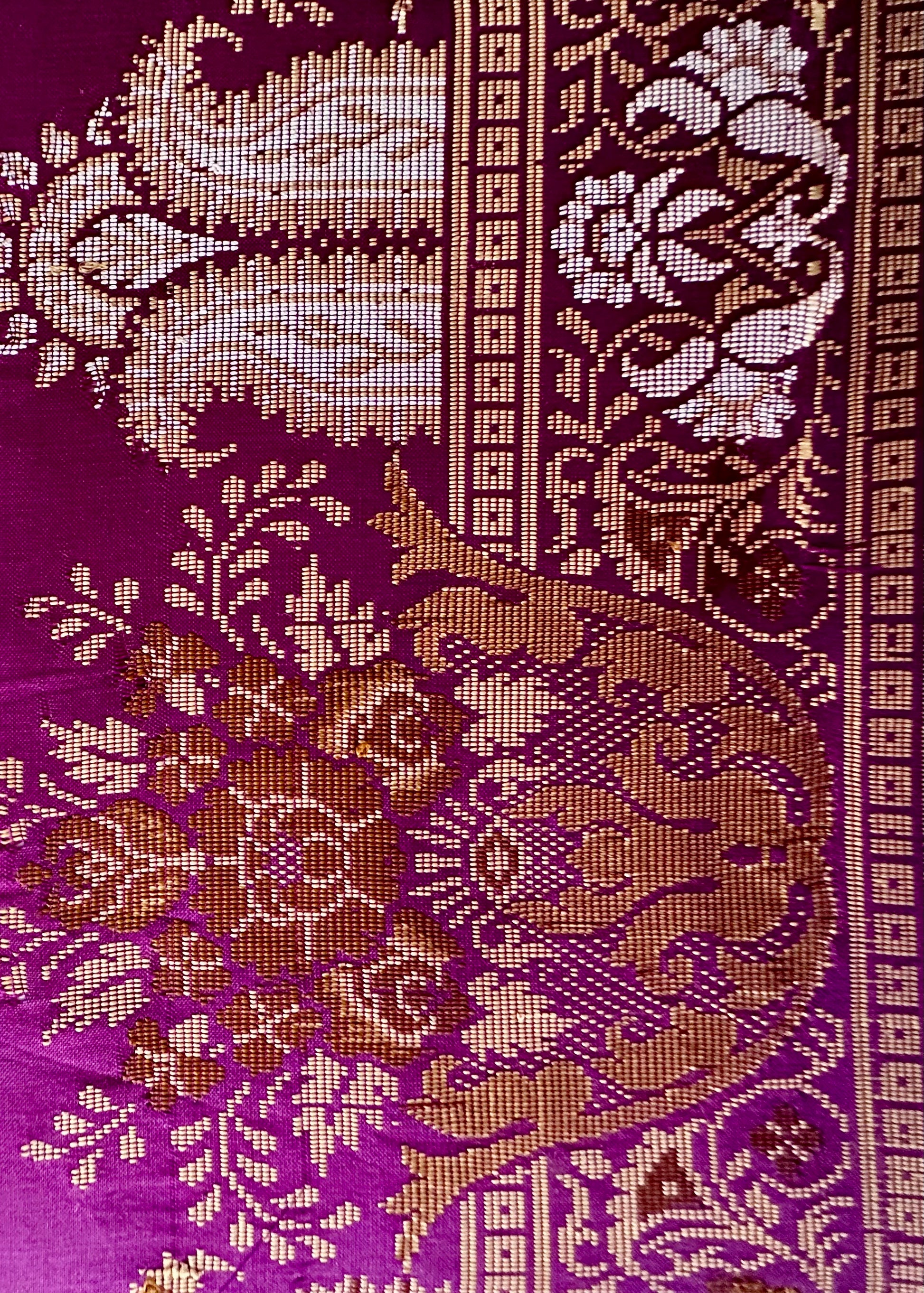 Majenta vintage brocade sari remnant in a floating gold frame #SariRecycled #BrocadeSari - DharBazaar