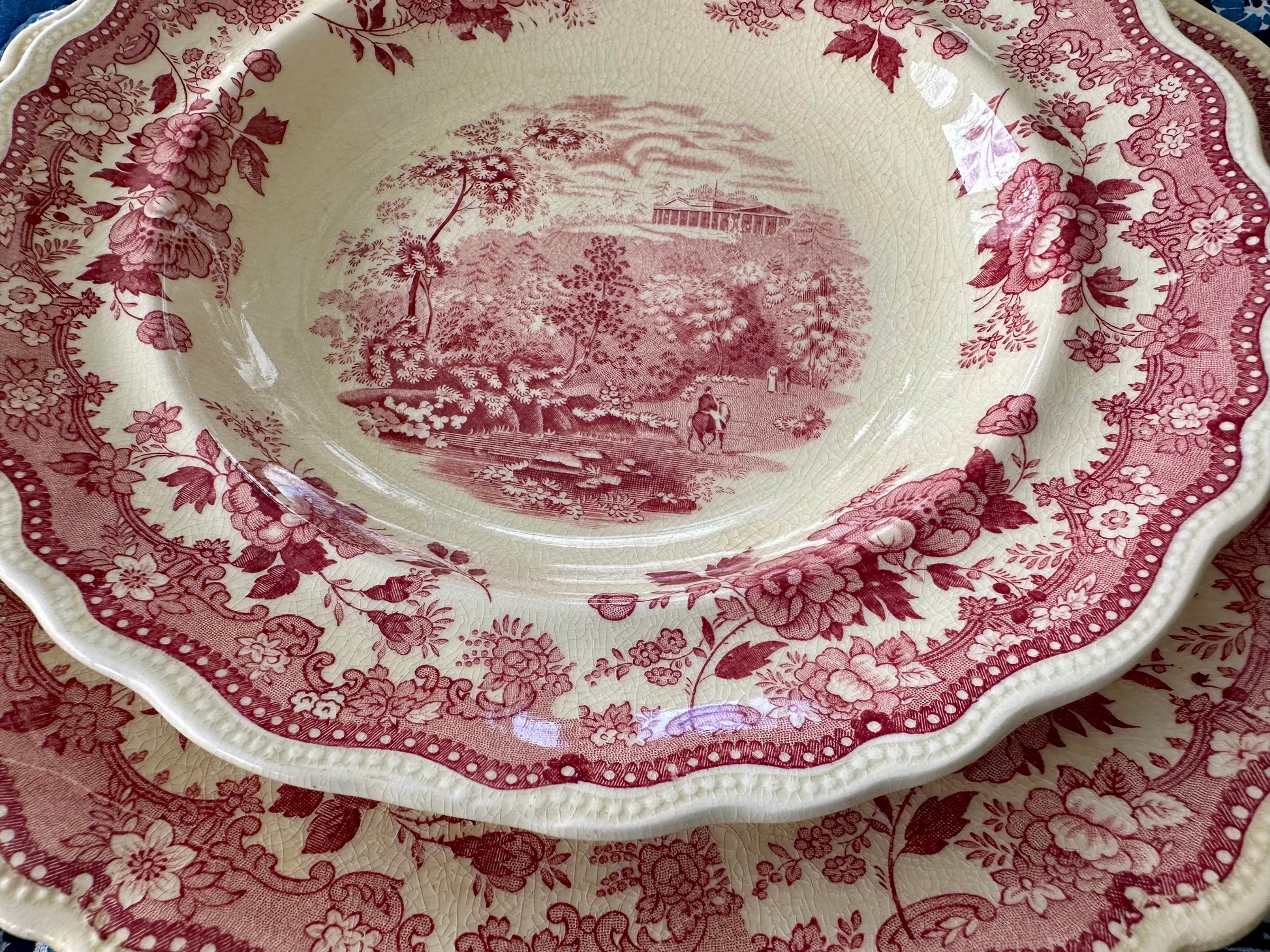 Set of 8 antique red and white transferware soup bowls made by William Ridgway in 1830's - DharBazaar