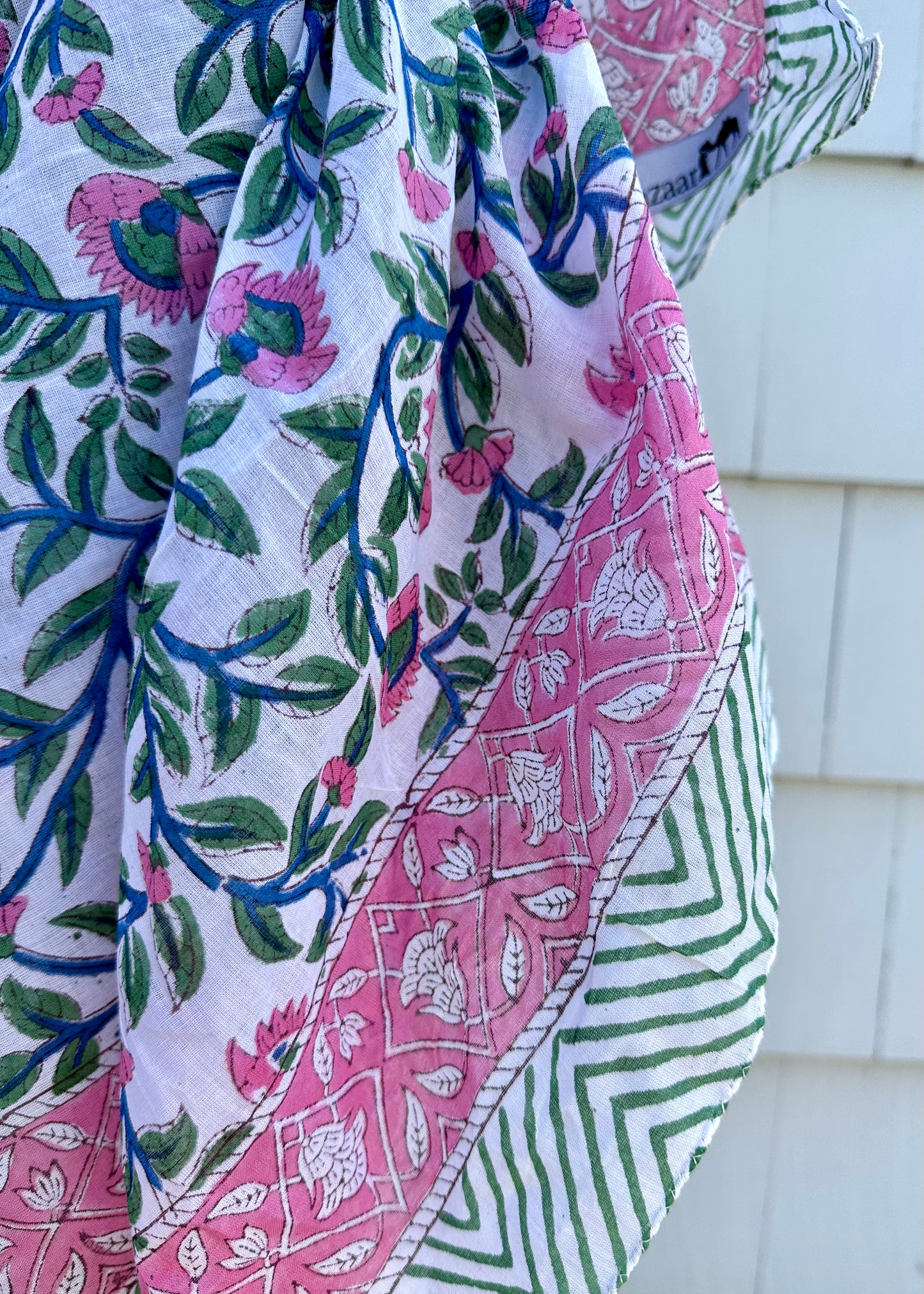 Pink, Green and White Block Print Cotton Sarong, Cotton Summer Scarf, Beachwear, Swimsuit Coverup, Bachelorette Gift - DharBazaar