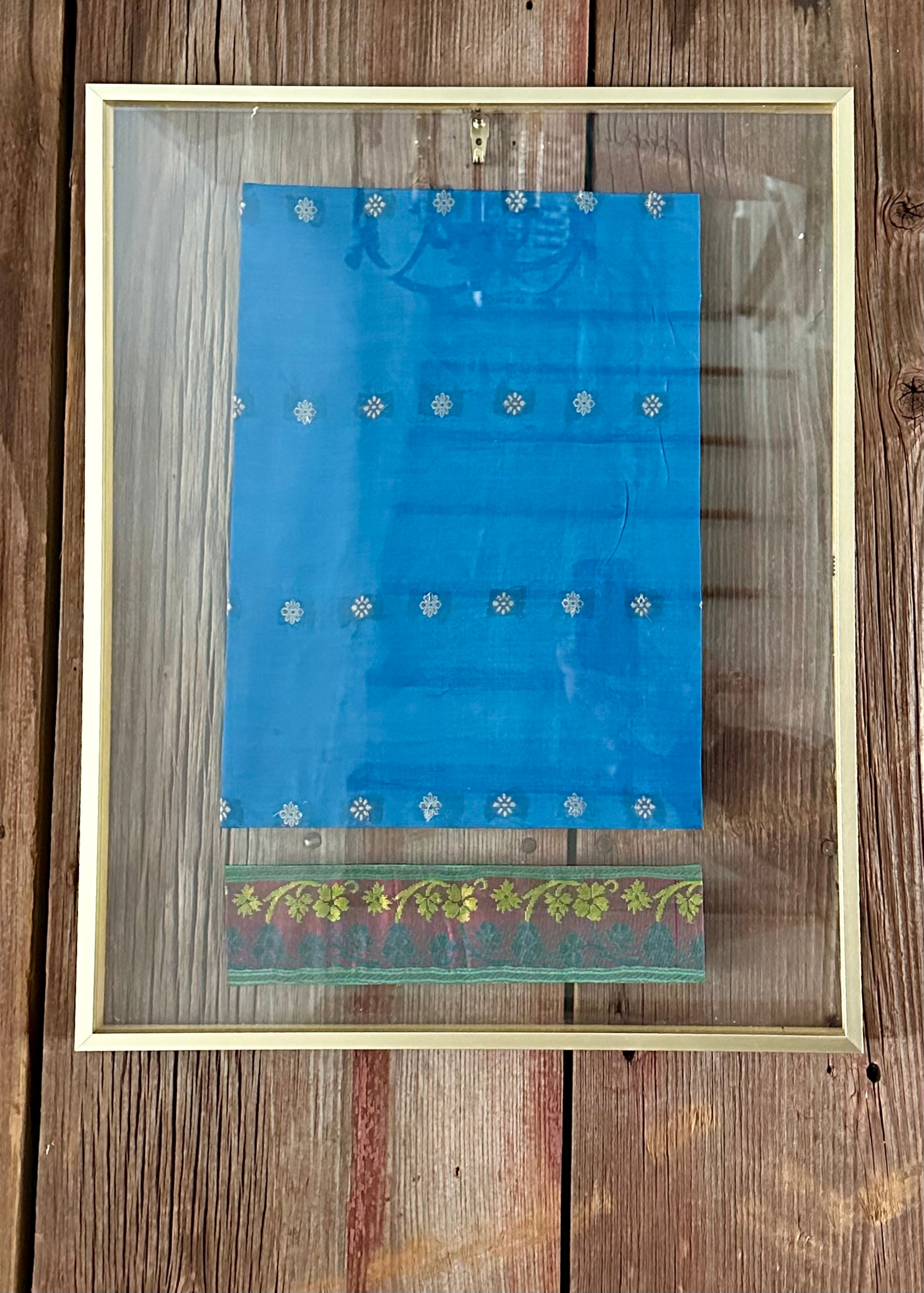 Blue vintage brocade sari remnant in a floating gold frame #SariRecycled #BrocadeSari - DharBazaar
