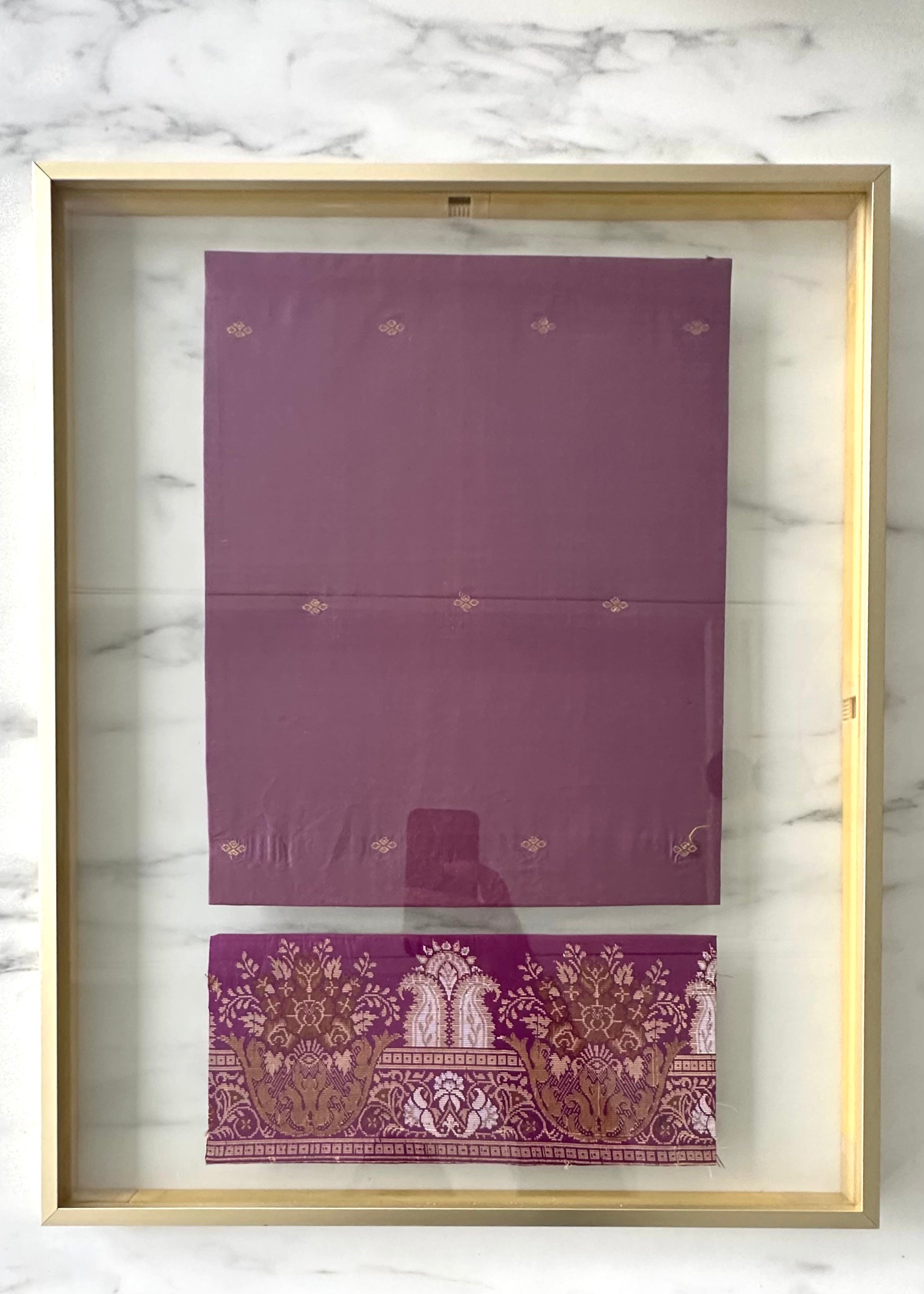 Majenta vintage brocade sari remnant in a floating gold frame #SariRecycled #BrocadeSari - DharBazaar