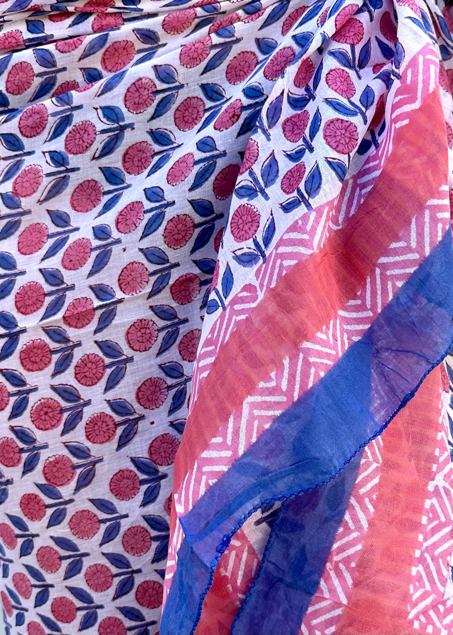Pink and Blue Block Print Cotton Sarong, Cotton Summer Scarf, Beachwear, Swimsuit Coverup, Bachelorette Gift - DharBazaar