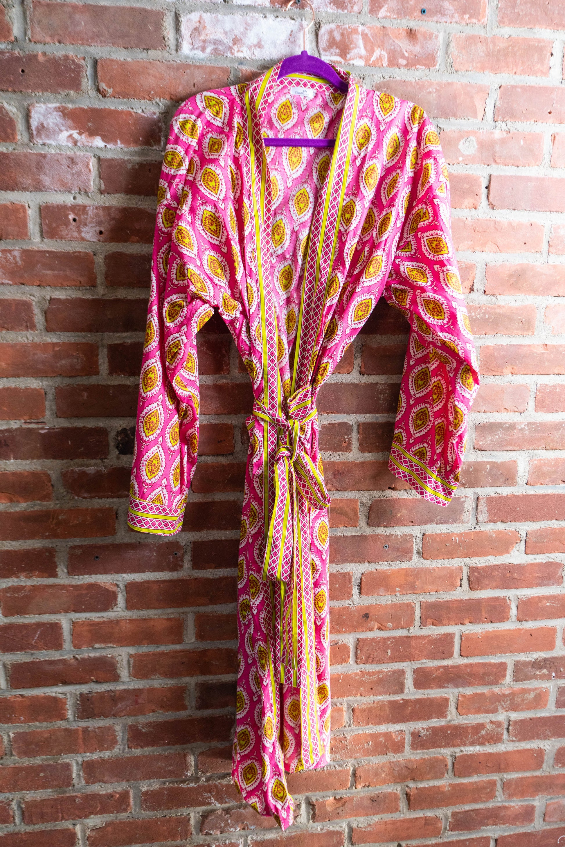 Hand-block Printed Kimono Robes in Pink and Yellow - DharBazaar