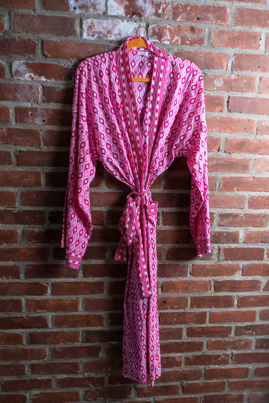 Hand-block Printed Kimono Robes in Pink Pattern - DharBazaar