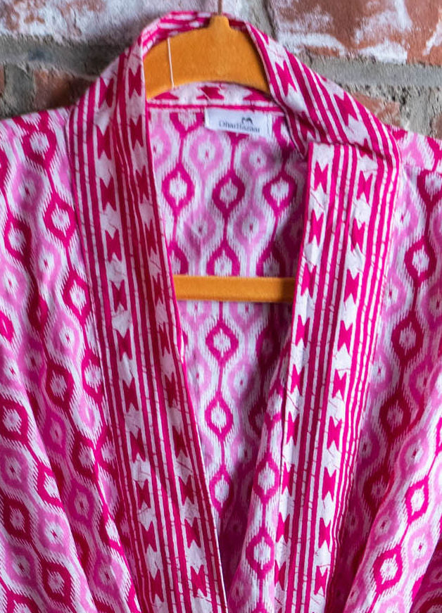 Hand-block Printed Kimono Robes in Pink Pattern - DharBazaar