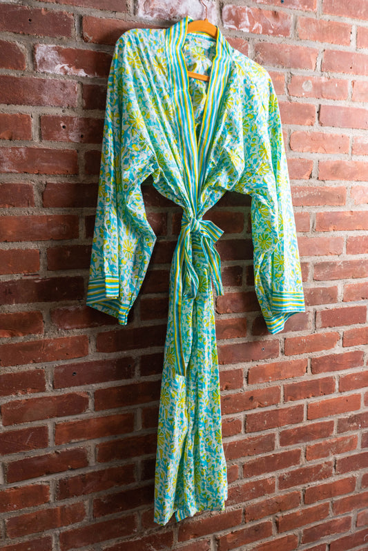 Hand-block Printed Kimono Robes in Green and Yellow - DharBazaar
