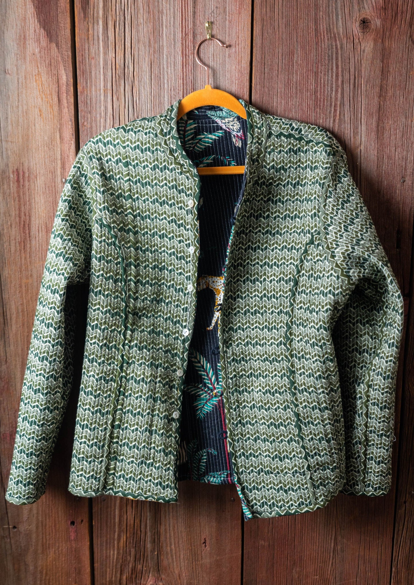 Kantha Quilted Jacket with Jungle Print - DharBazaar