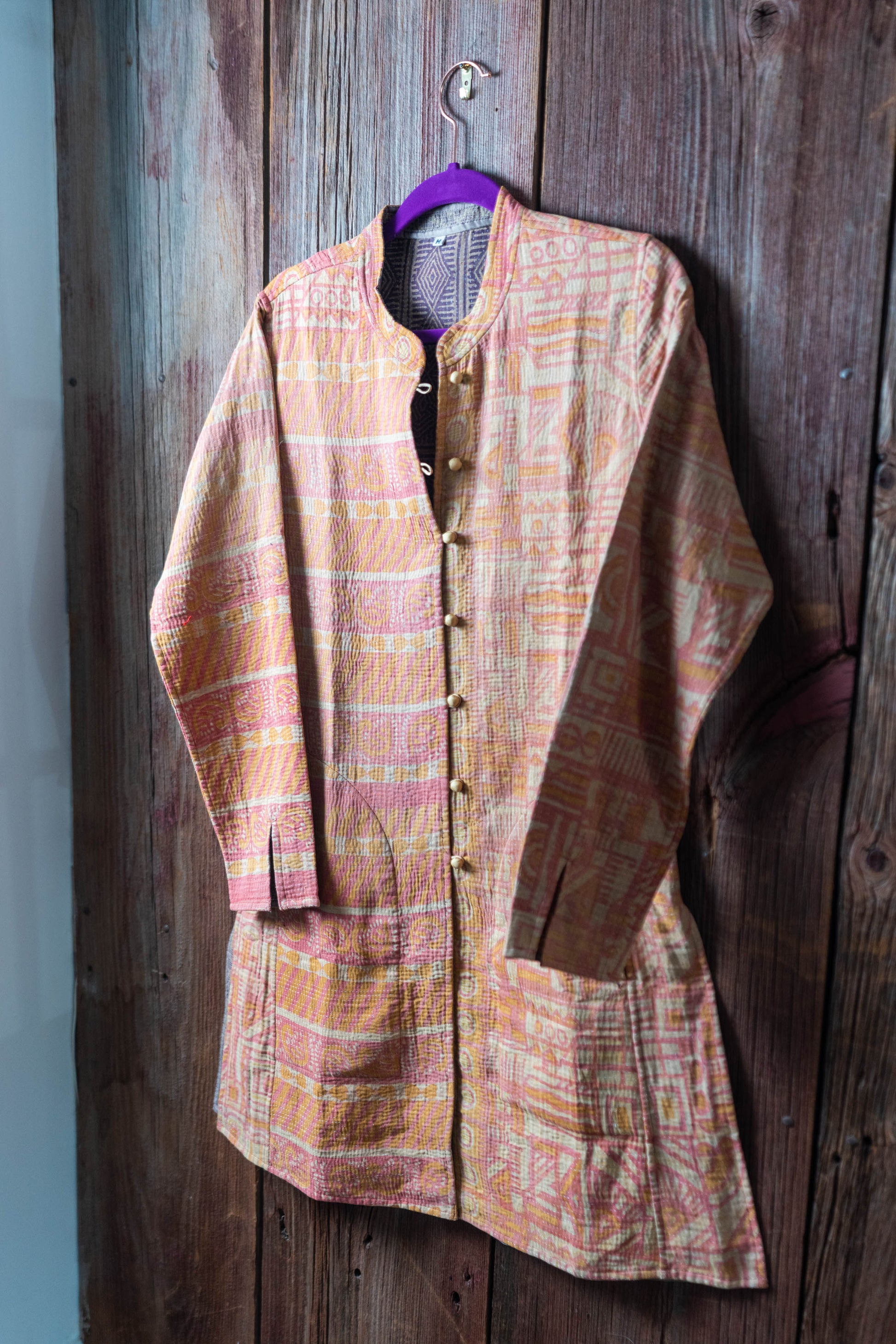 Kantha Long Line Jacket in Orange - DharBazaar