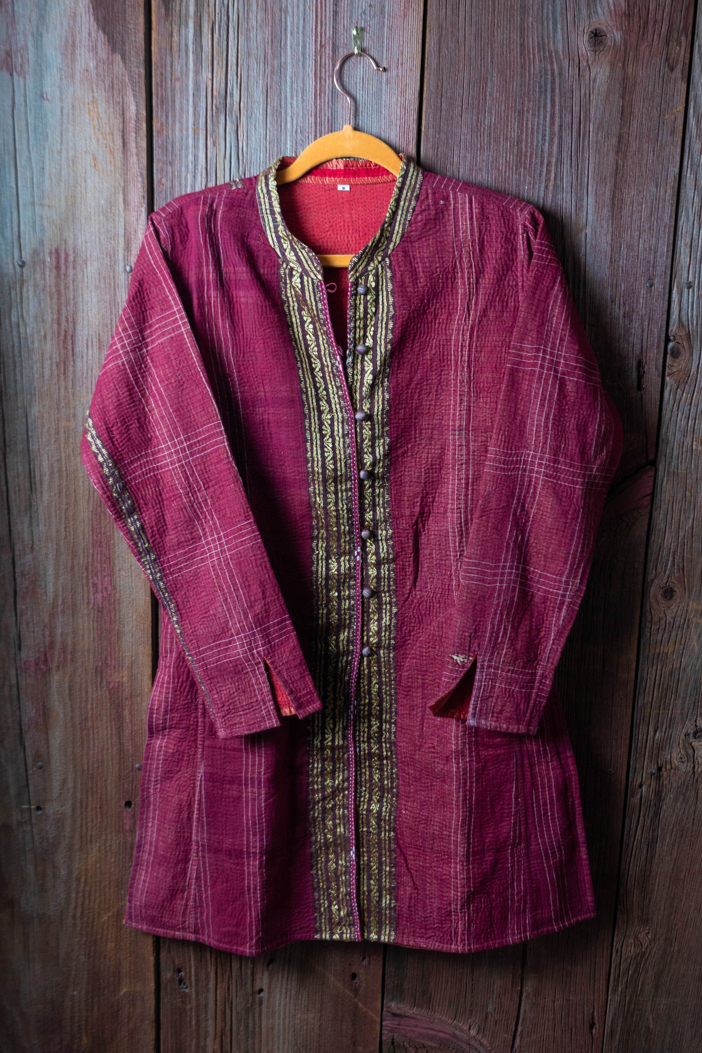 Kantha Long Line Jacket in Pink - DharBazaar