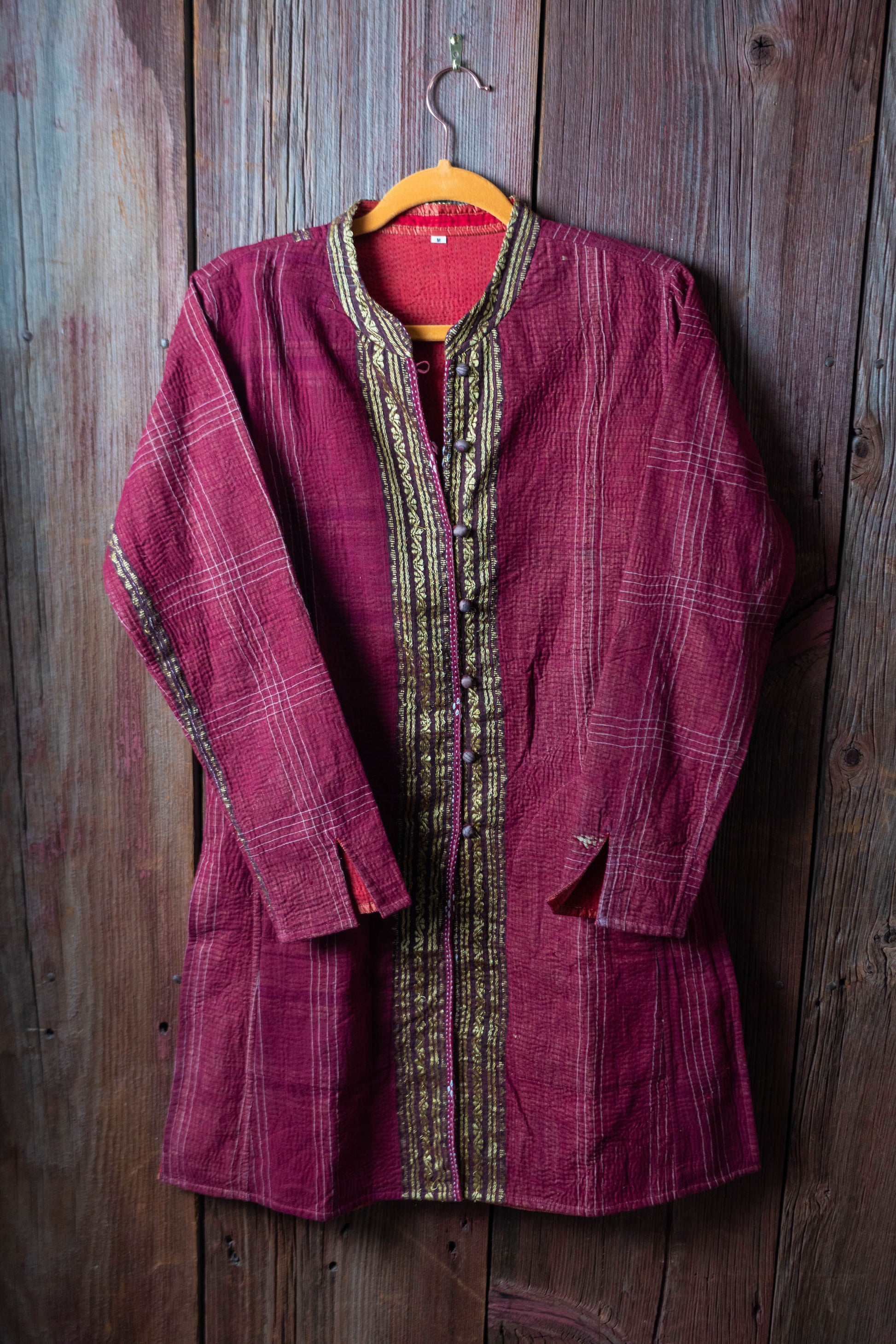 Kantha Long Line Jacket in Pink - DharBazaar